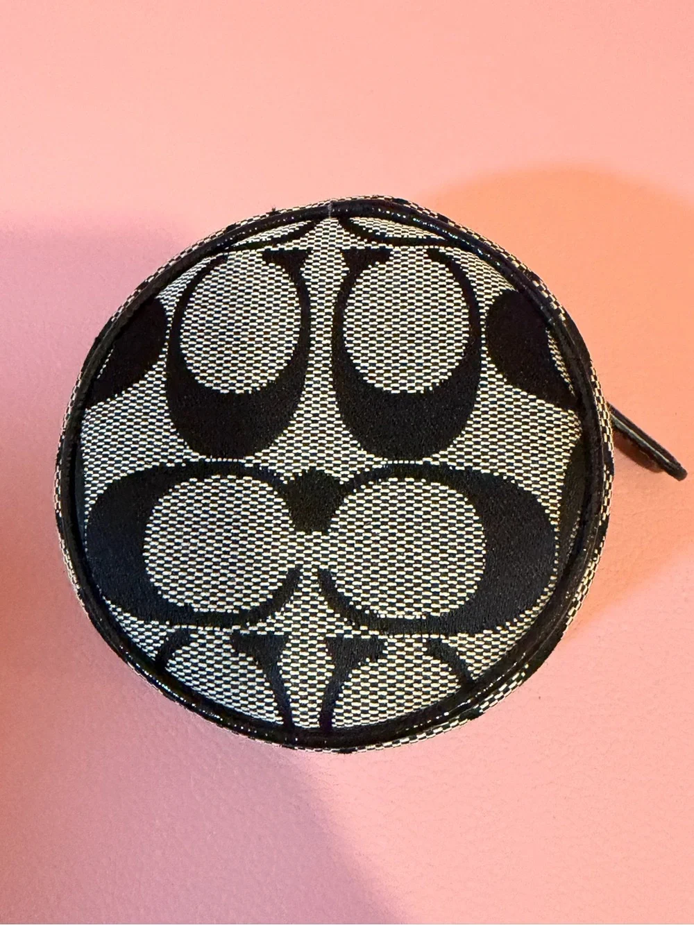 Coach Black & Cream Patterned Round Jewelry Case